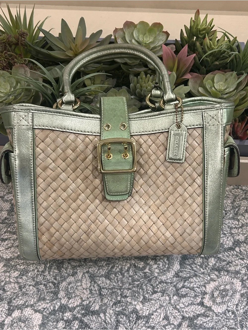Vintage Coach Woven Satchel in Metallic Mint and Naturalq